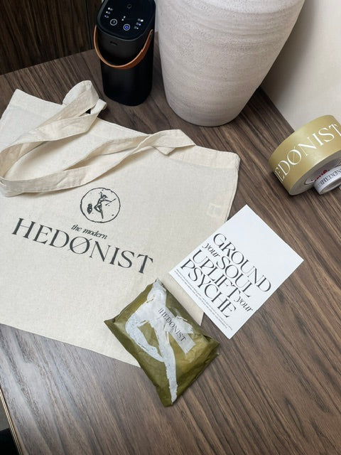 Luxury tote bag aromatherapy carryall shopper with the wellbeing support system diffuser, modern hedonist packaging  and essential oils