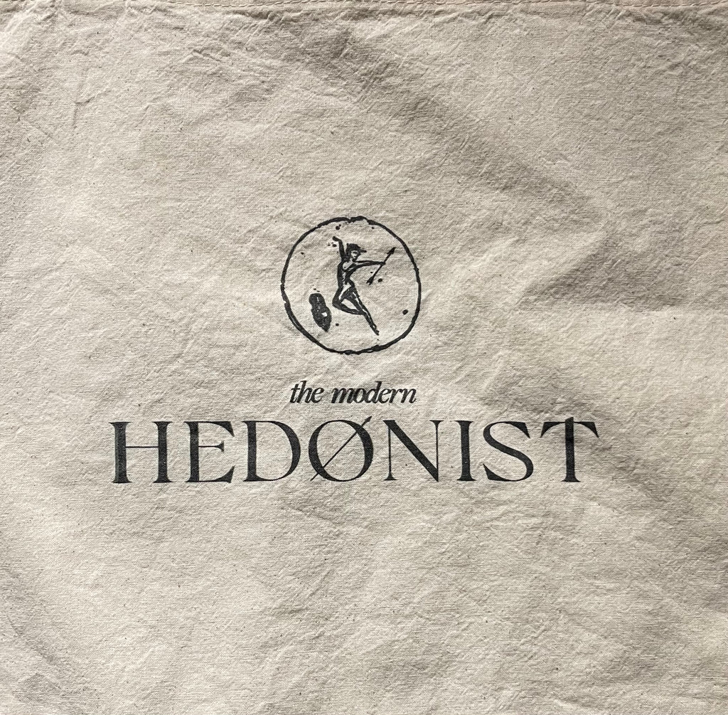 The modern hedonist logo on luxury organic cotton tote, aromatherapy shopper carryall
