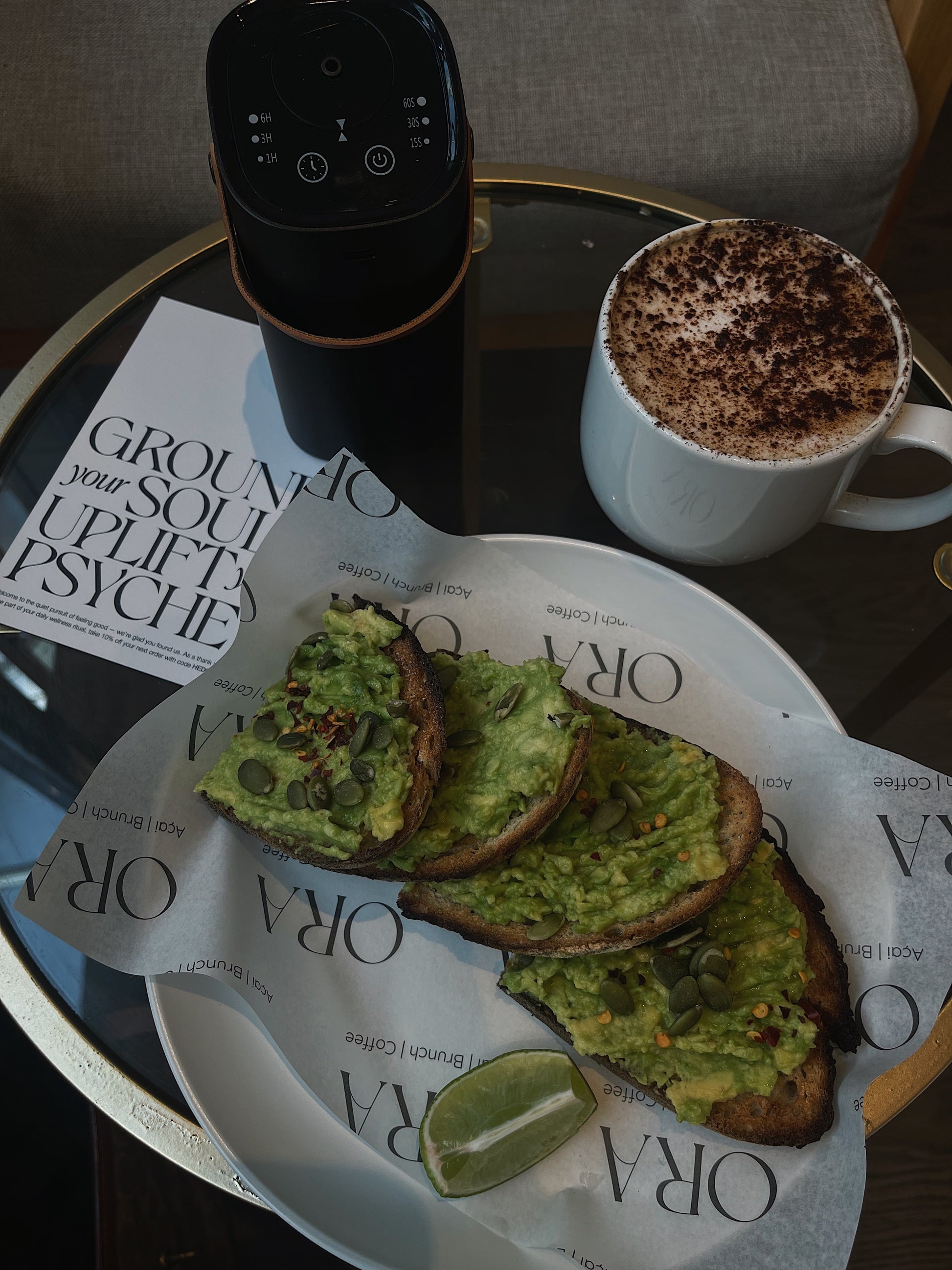 Mid day slump fixed with avocado on toast and the wellbeing support kit. Portable calm for the everyday. Essential oil diffuser on the go.